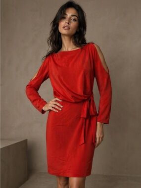 Red hot evening off shoulder bow designer dress M